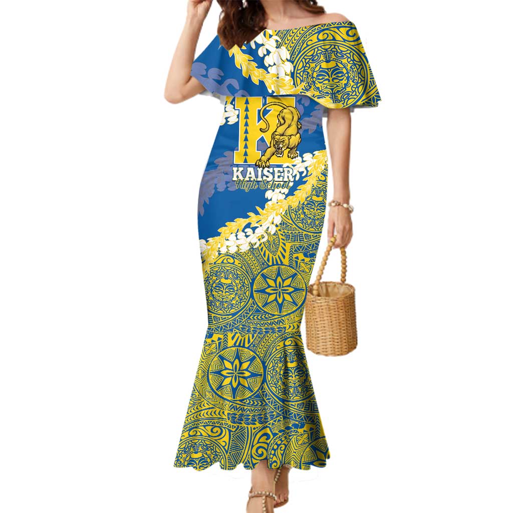 Personalized Kaiser Hawaii High School Family Matching Mermaid Dress and Hawaiian Shirt Puakenikeni Lei Hawaiian Pattern LT14 Mom's Dress Blue - Polynesian Pride
