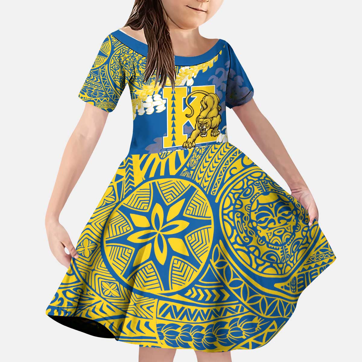Personalized Kaiser Hawaii High School Kid Short Sleeve Dress Puakenikeni Lei Hawaiian Pattern - Polynesian Pride