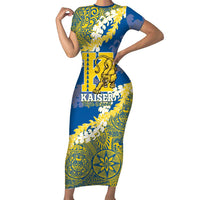 Personalized Kaiser Hawaii High School Short Sleeve Bodycon Dress Puakenikeni Lei Hawaiian Pattern LT14 Long Dress Blue - Polynesian Pride