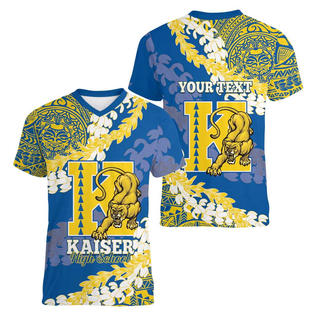 Personalized Kaiser Hawaii High School Women V-Neck T-Shirt Puakenikeni Lei Hawaiian Pattern - Polynesian Pride