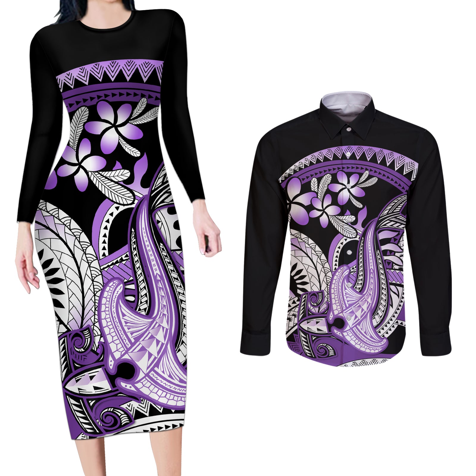 Purple Polynesian Couples Matching Long Sleeve Bodycon Dress and Long Sleeve Button Shirt Hammerhead Shark Tattoo Royal Plumeria Gradient Vibes LT14 Purple - Polynesian Pride
