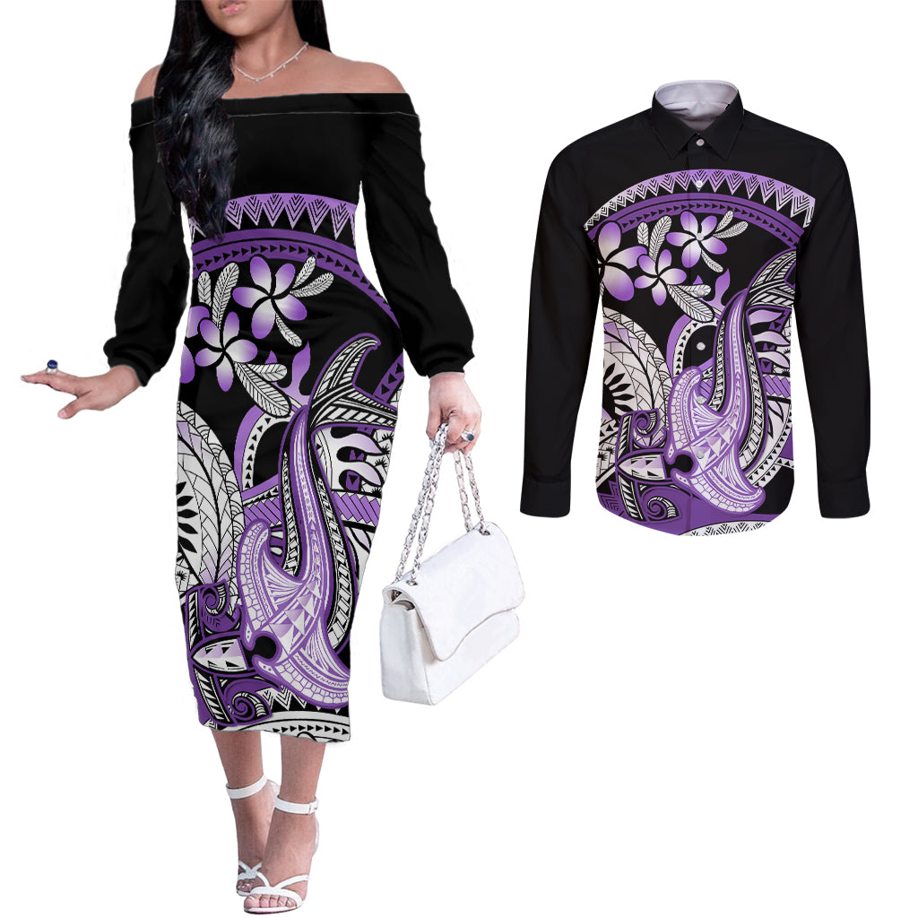 Purple Polynesian Couples Matching Off The Shoulder Long Sleeve Dress and Long Sleeve Button Shirt Hammerhead Shark Tattoo Royal Plumeria Gradient Vibes LT14 Purple - Polynesian Pride