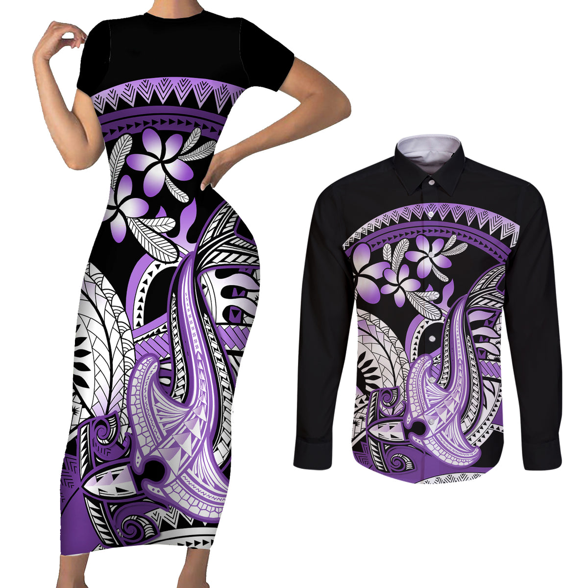 Purple Polynesian Couples Matching Short Sleeve Bodycon Dress and Long Sleeve Button Shirt Hammerhead Shark Tattoo Royal Plumeria Gradient Vibes LT14 Purple - Polynesian Pride