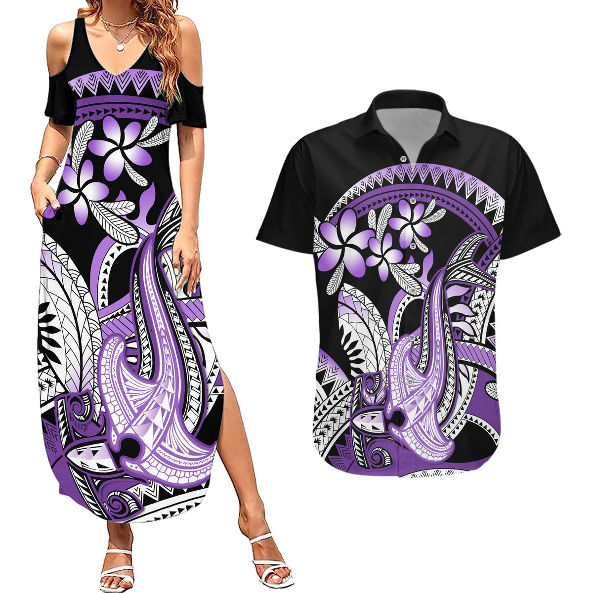 Purple Polynesian Couples Matching Summer Maxi Dress and Hawaiian Shirt Hammerhead Shark Tattoo Royal Plumeria Gradient Vibes LT14 Purple - Polynesian Pride