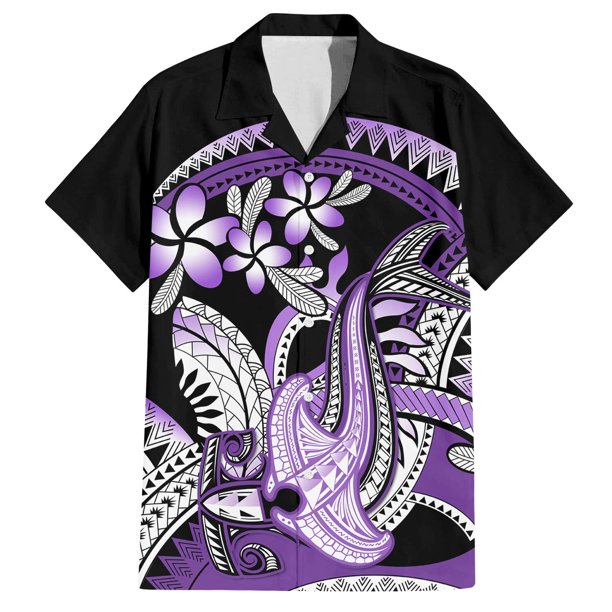 Purple Polynesian Family Matching Puletasi and Hawaiian Shirt Hammerhead Shark Tattoo Royal Plumeria Gradient Vibes LT14 Dad's Shirt - Short Sleeve Purple - Polynesian Pride