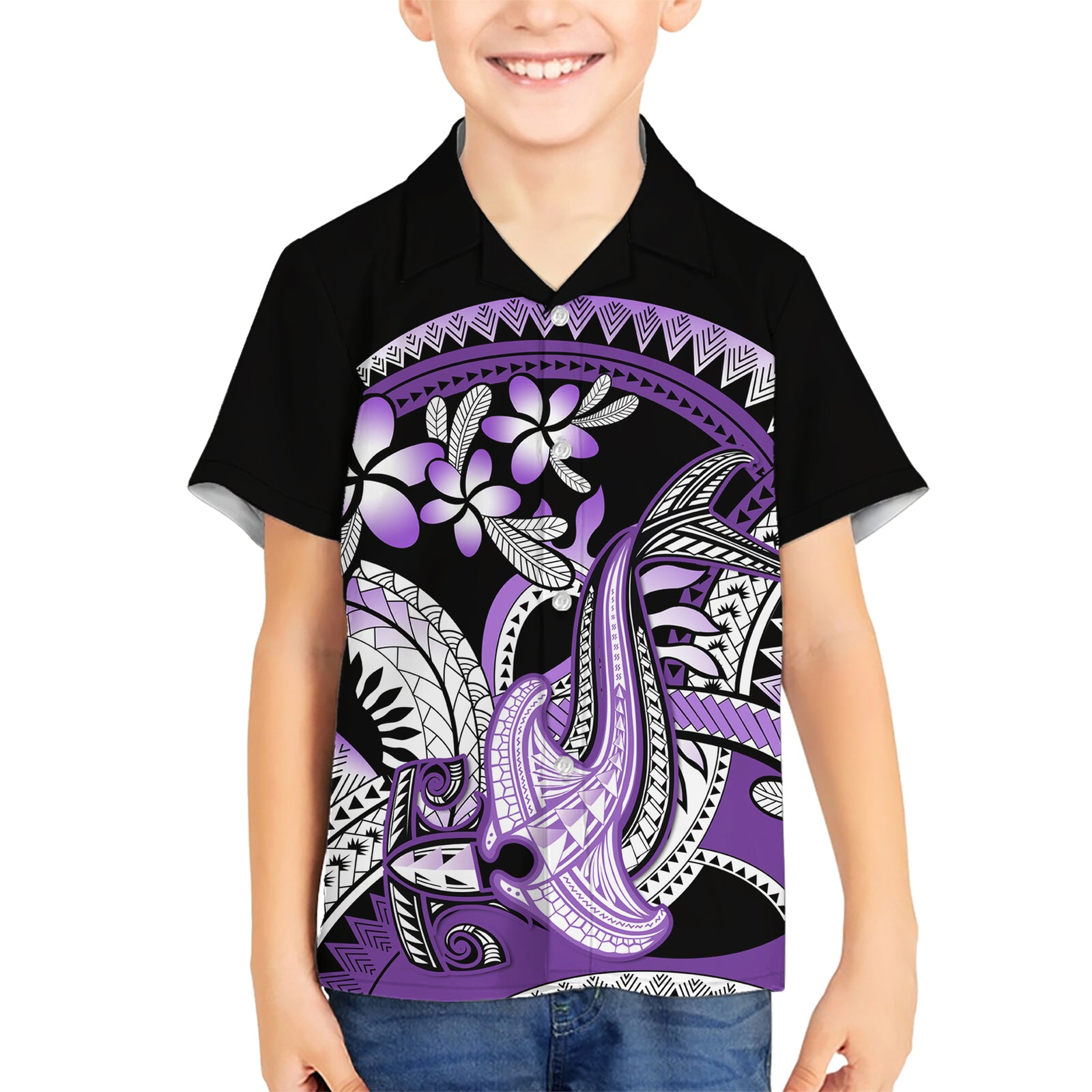 Purple Polynesian Kid Hawaiian Shirt Hammerhead Shark Tattoo Royal Plumeria Gradient Vibes LT14 Kid Purple - Polynesian Pride