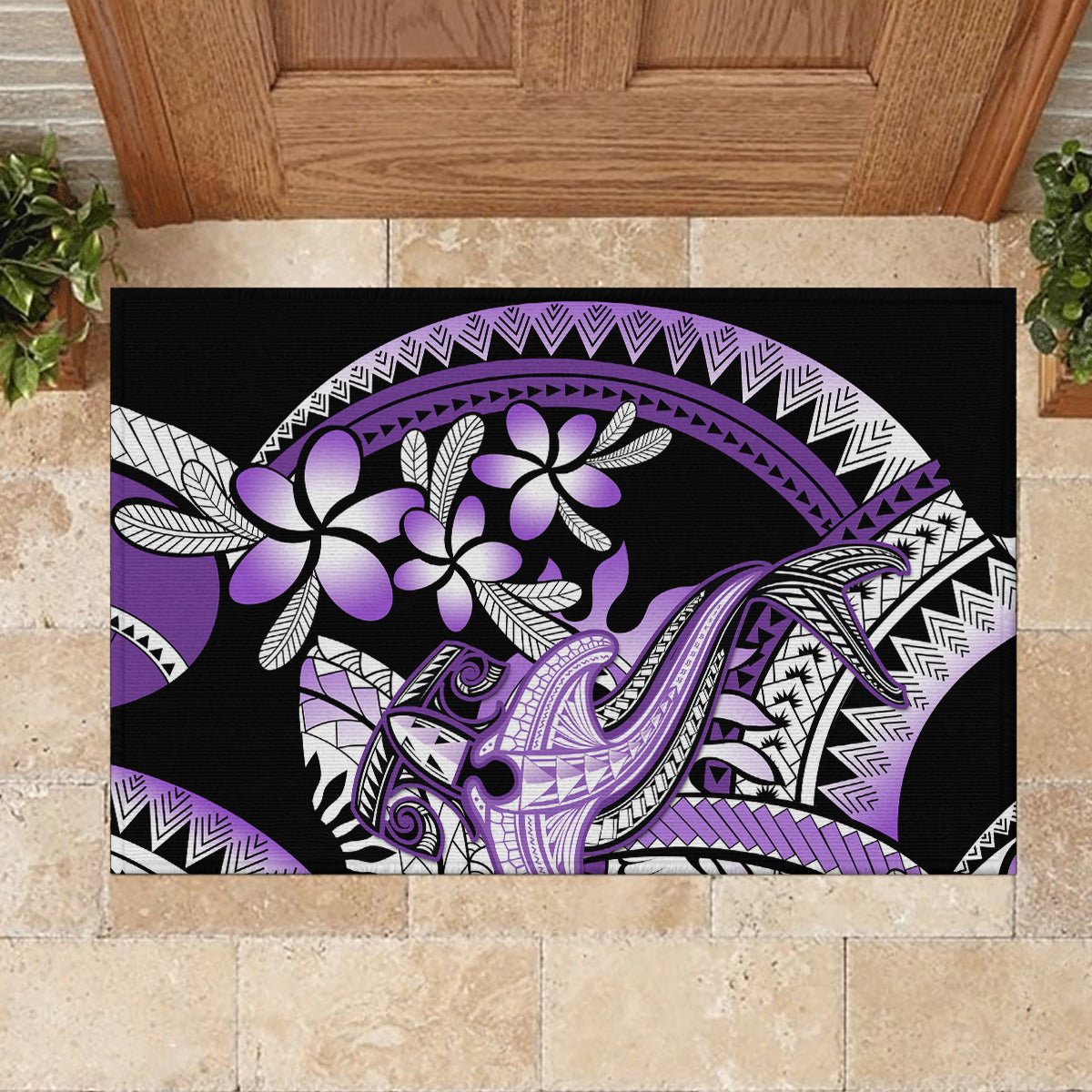 Purple Polynesian Rubber Doormat Hammerhead Shark Tattoo Royal Plumeria Gradient Vibes LT14 - Polynesian Pride