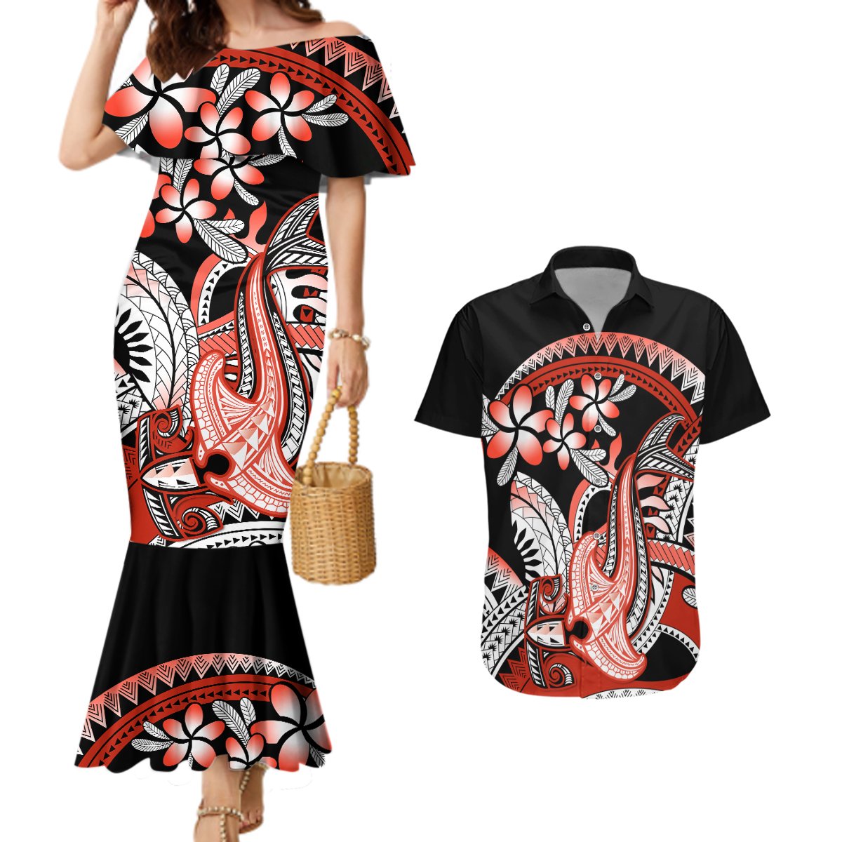 Red Polynesian Couples Matching Mermaid Dress and Hawaiian Shirt Hammerhead Shark Tattoo Royal Plumeria Gradient Vibes LT14 Red - Polynesian Pride