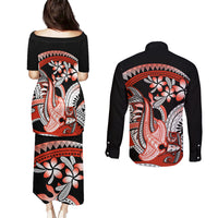 Red Polynesian Couples Matching Puletasi and Long Sleeve Button Shirt Hammerhead Shark Tattoo Royal Plumeria Gradient Vibes LT14 - Polynesian Pride