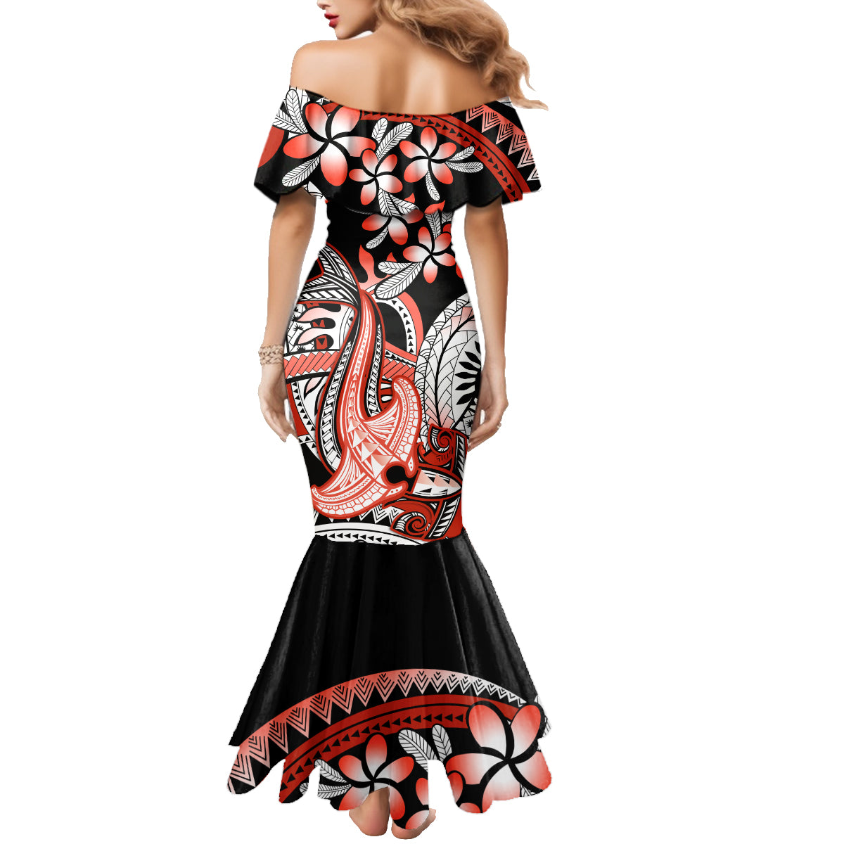 Red Polynesian Family Matching Mermaid Dress and Hawaiian Shirt Hammerhead Shark Tattoo Royal Plumeria Gradient Vibes LT14 - Polynesian Pride