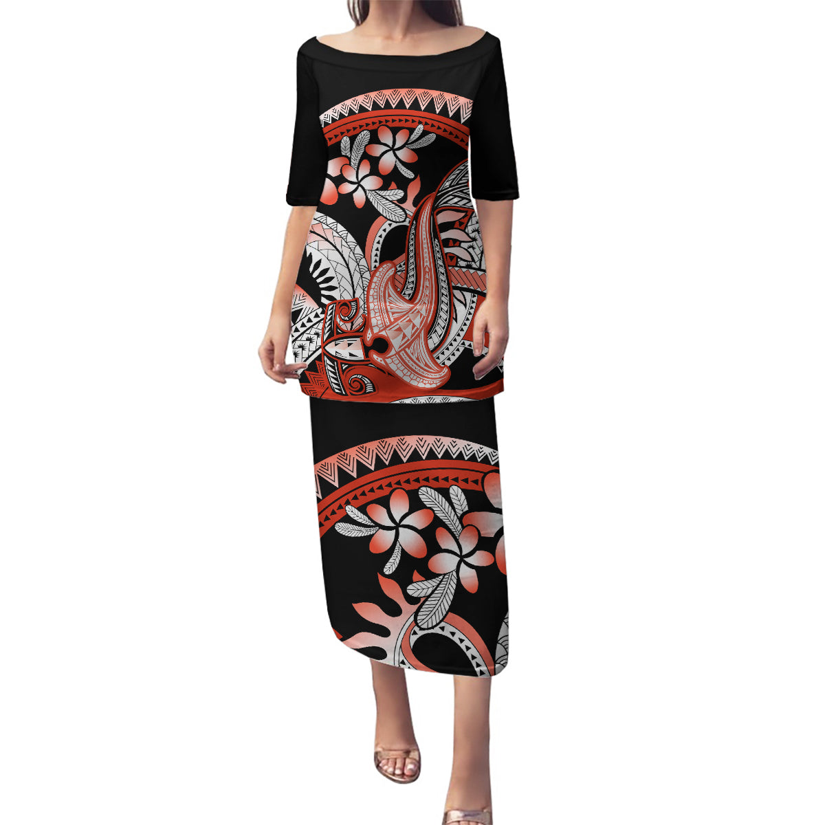 Red Polynesian Family Matching Puletasi and Hawaiian Shirt Hammerhead Shark Tattoo Royal Plumeria Gradient Vibes LT14 Mom's Dress Red - Polynesian Pride