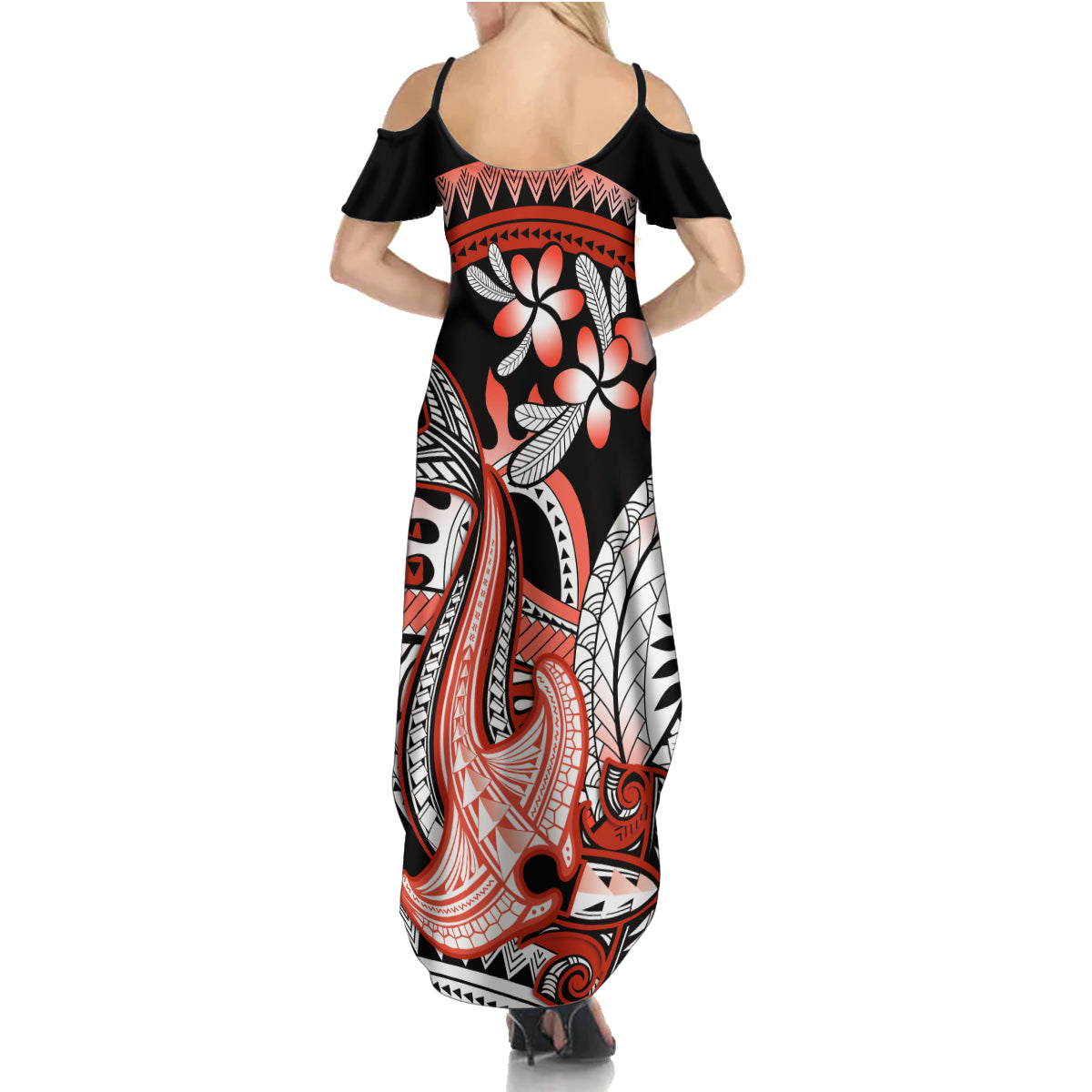 Red Polynesian Family Matching Summer Maxi Dress and Hawaiian Shirt Hammerhead Shark Tattoo Royal Plumeria Gradient Vibes LT14 - Polynesian Pride