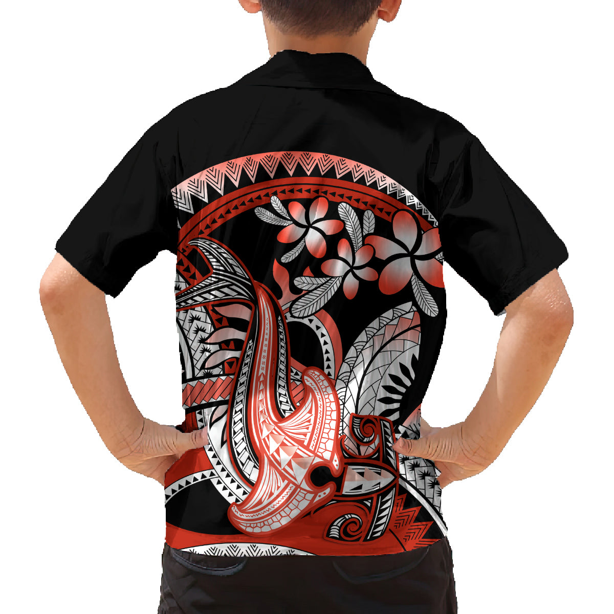 Red Polynesian Family Matching Tank Maxi Dress and Hawaiian Shirt Hammerhead Shark Tattoo Royal Plumeria Gradient Vibes LT14 - Polynesian Pride