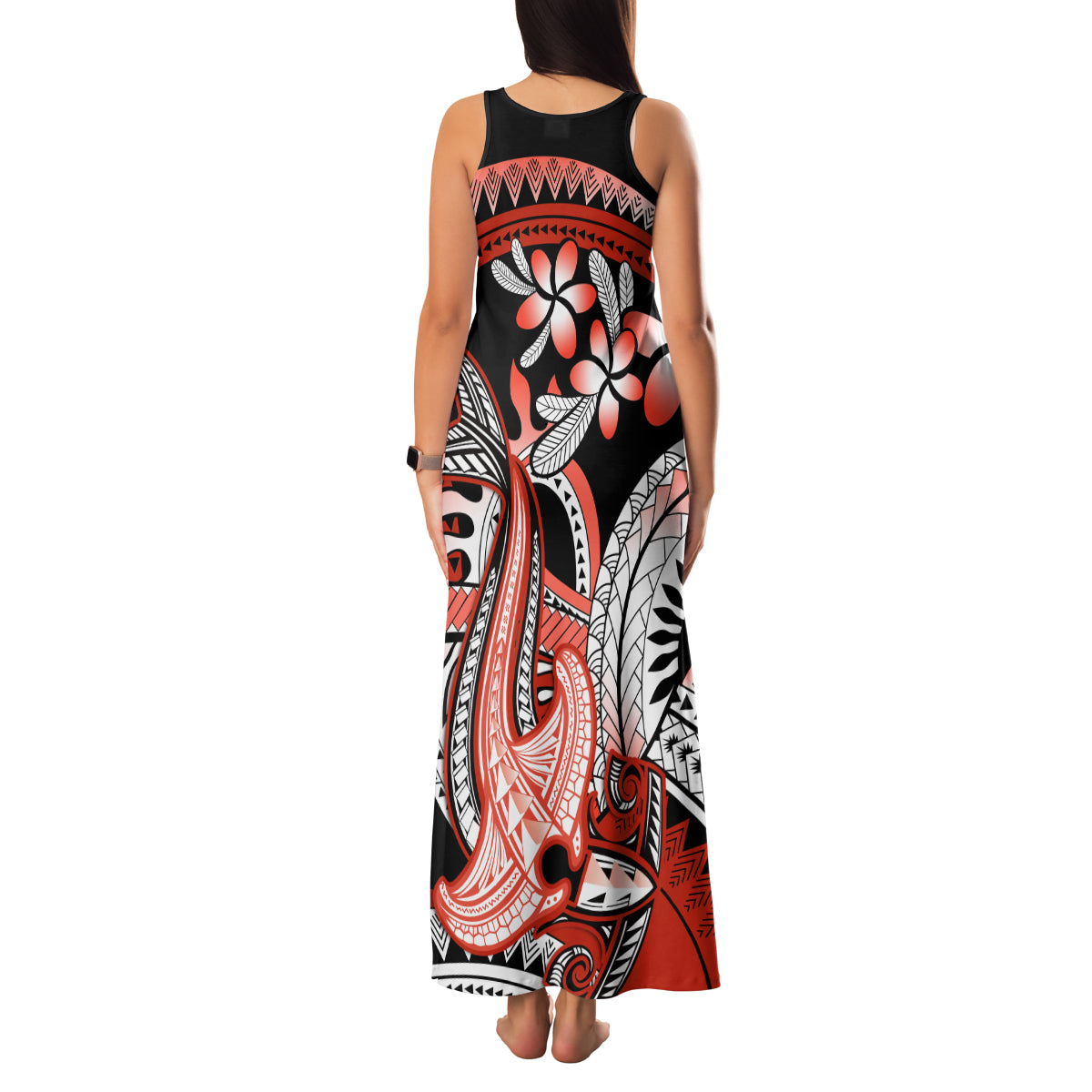Red Polynesian Family Matching Tank Maxi Dress and Hawaiian Shirt Hammerhead Shark Tattoo Royal Plumeria Gradient Vibes LT14 - Polynesian Pride