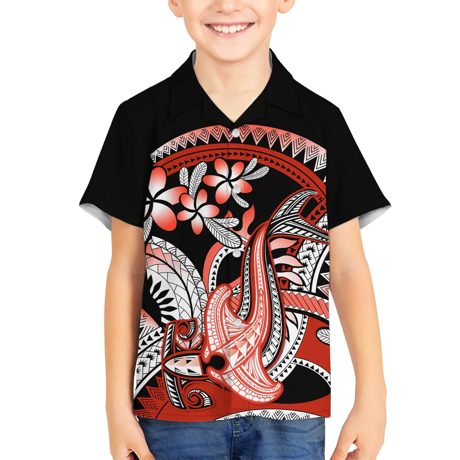 Red Polynesian Kid Hawaiian Shirt Hammerhead Shark Tattoo Royal Plumeria Gradient Vibes LT14 Kid Red - Polynesian Pride