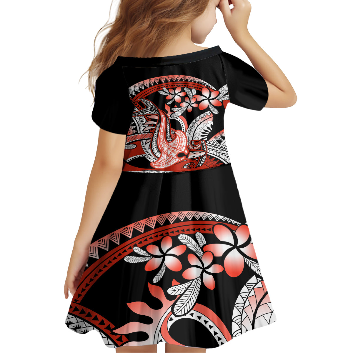 Red Polynesian Kid Short Sleeve Dress Hammerhead Shark Tattoo Royal Plumeria Gradient Vibes LT14 - Polynesian Pride