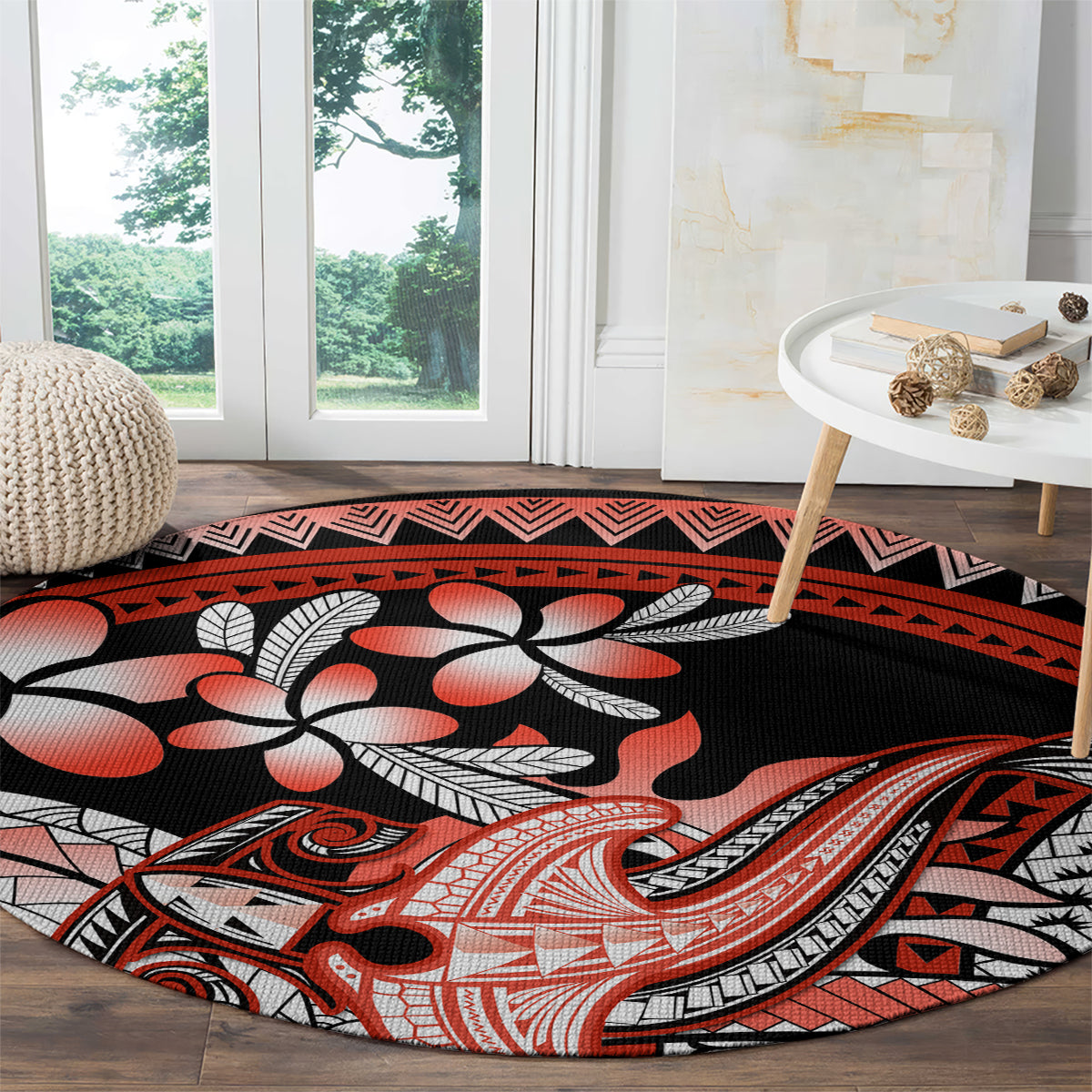 Red Polynesian Round Carpet Hammerhead Shark Tattoo Royal Plumeria Gradient Vibes LT14 - Polynesian Pride