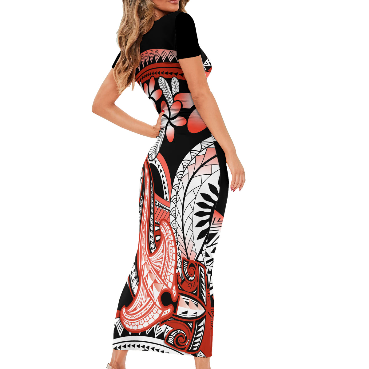 Red Polynesian Short Sleeve Bodycon Dress Hammerhead Shark Tattoo Royal Plumeria Gradient Vibes LT14 - Polynesian Pride