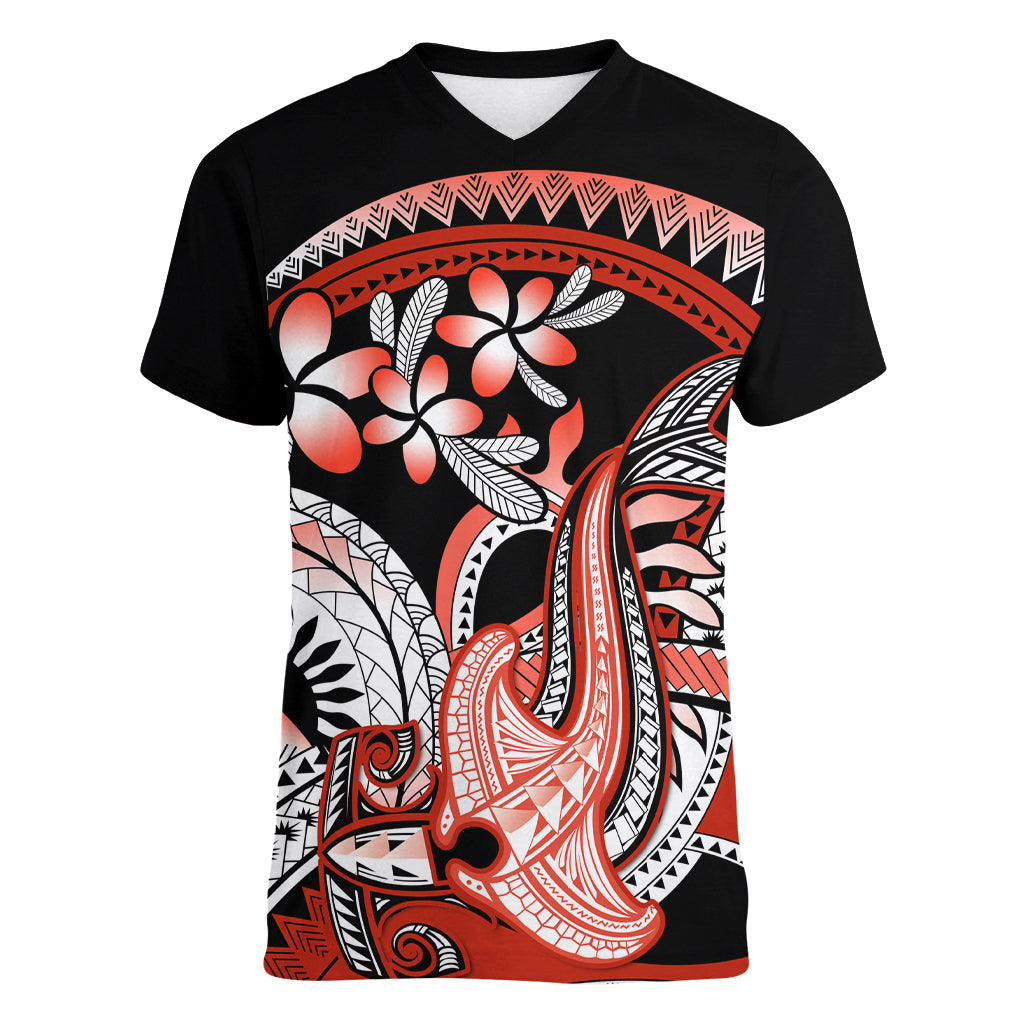 Red Polynesian Women V Neck T Shirt Hammerhead Shark Tattoo Royal Plumeria Gradient Vibes LT14 Female Red - Polynesian Pride