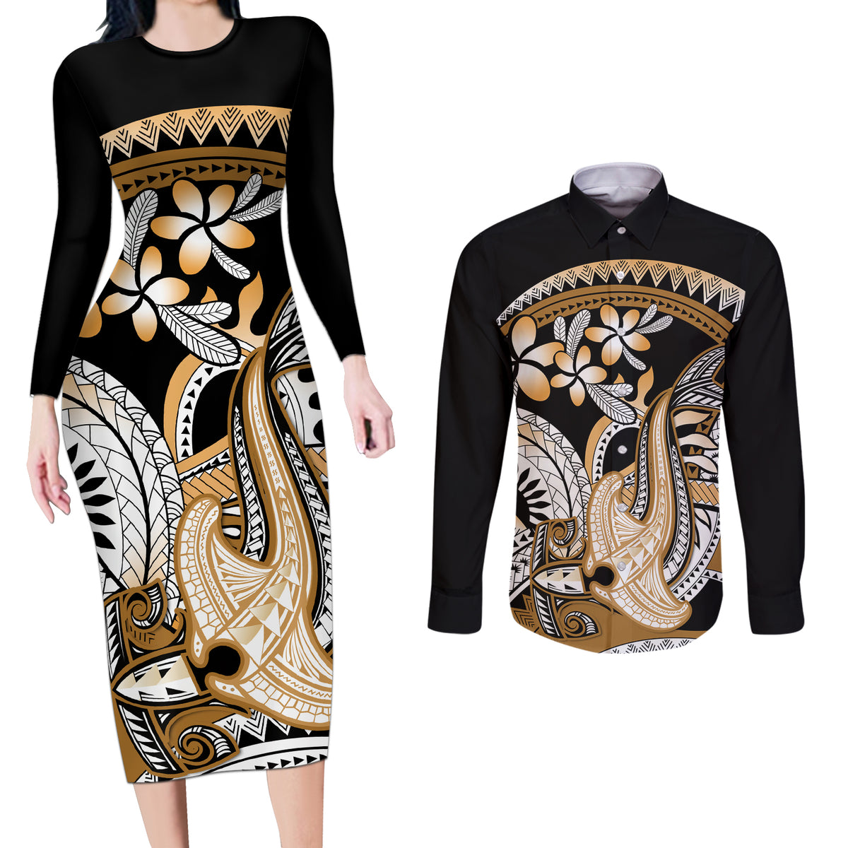 Gold Polynesian Hammerhead Shark Tattoo Couples Matching Long Sleeve Bodycon Dress and Long Sleeve Button Shirt Royal Plumeria Gradient Vibes LT14 Gold - Polynesian Pride