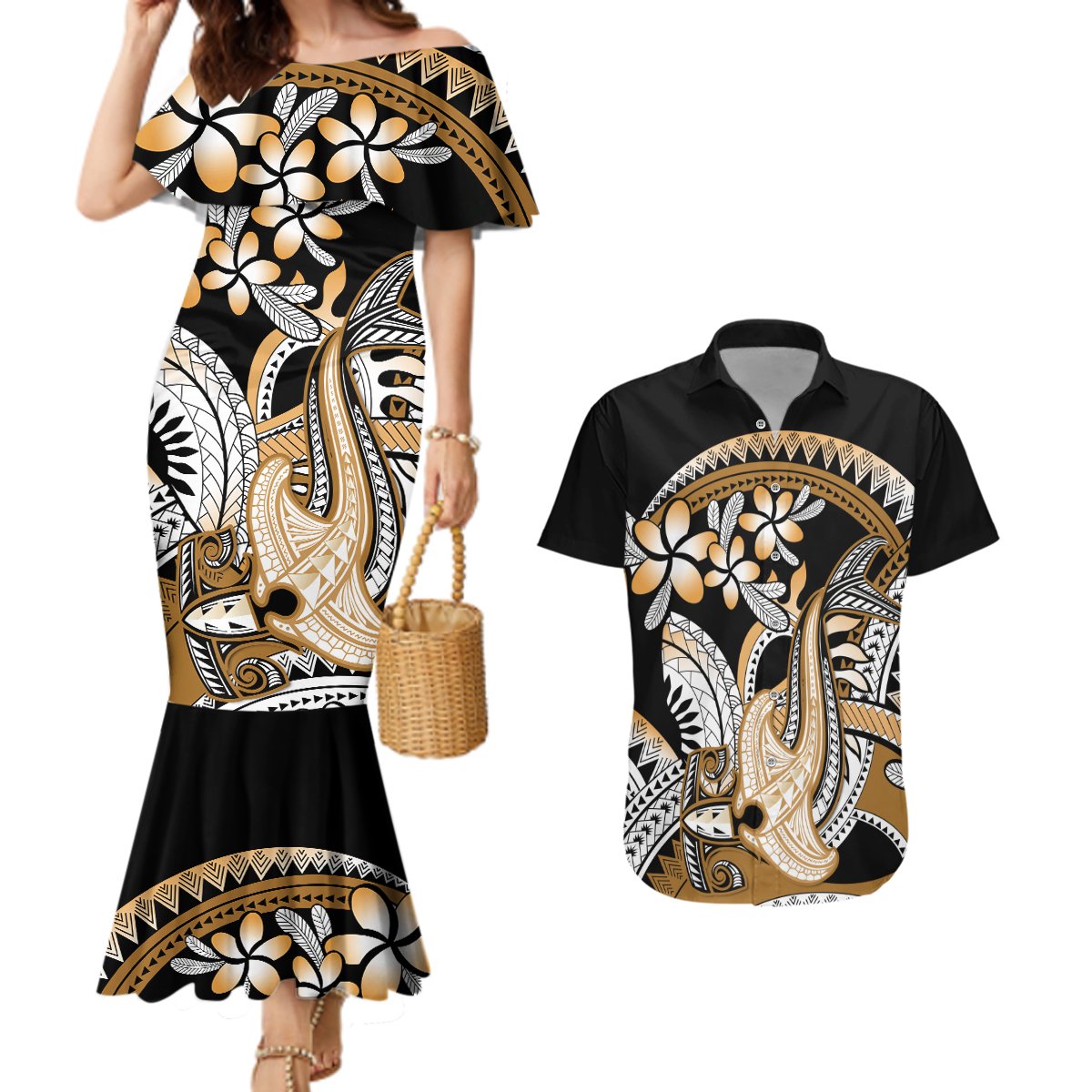 Gold Polynesian Hammerhead Shark Tattoo Couples Matching Mermaid Dress and Hawaiian Shirt Royal Plumeria Gradient Vibes LT14 Gold - Polynesian Pride