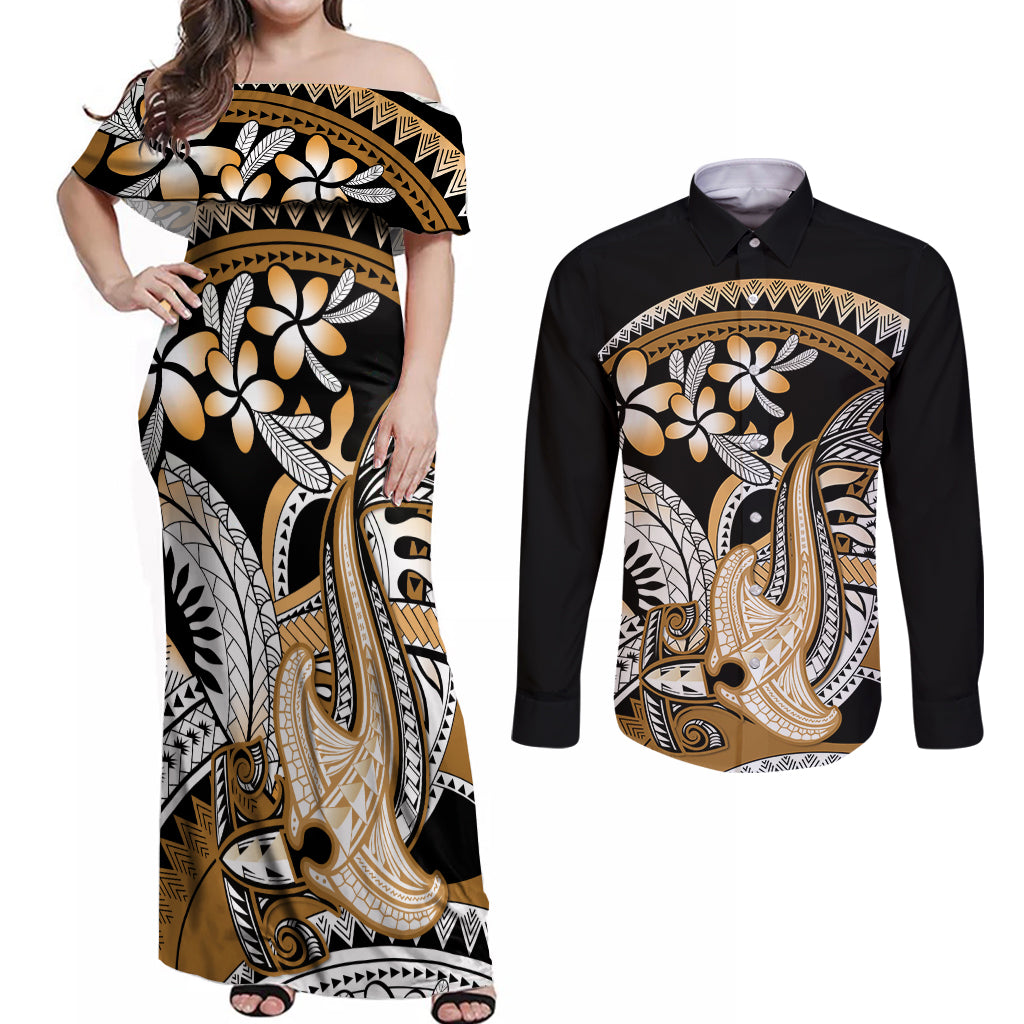 Gold Polynesian Hammerhead Shark Tattoo Couples Matching Off Shoulder Maxi Dress and Long Sleeve Button Shirt Royal Plumeria Gradient Vibes LT14 Gold - Polynesian Pride