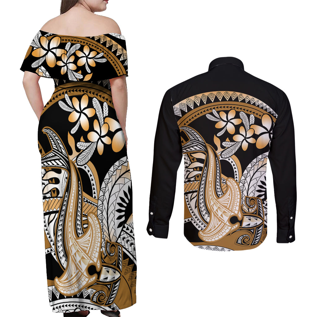 Gold Polynesian Hammerhead Shark Tattoo Couples Matching Off Shoulder Maxi Dress and Long Sleeve Button Shirt Royal Plumeria Gradient Vibes LT14 - Polynesian Pride