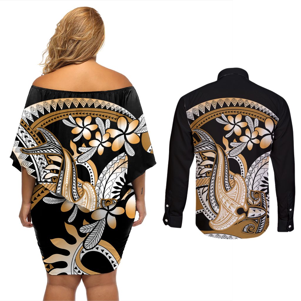 Gold Polynesian Hammerhead Shark Tattoo Couples Matching Off Shoulder Short Dress and Long Sleeve Button Shirt Royal Plumeria Gradient Vibes LT14 - Polynesian Pride
