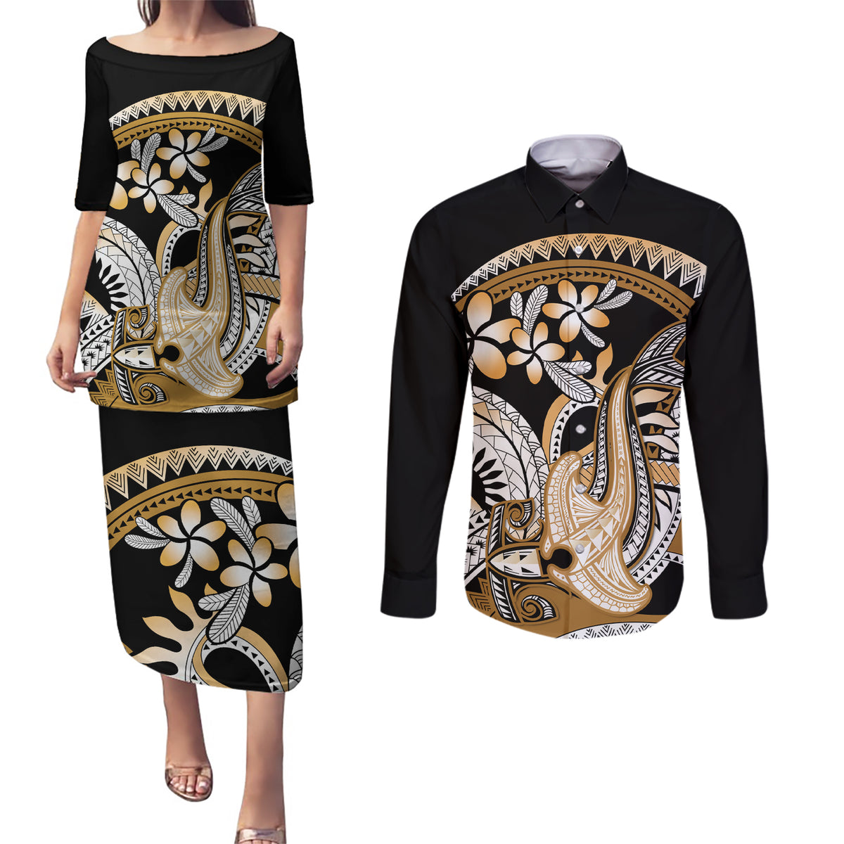 Gold Polynesian Hammerhead Shark Tattoo Couples Matching Puletasi and Long Sleeve Button Shirt Royal Plumeria Gradient Vibes LT14 Gold - Polynesian Pride