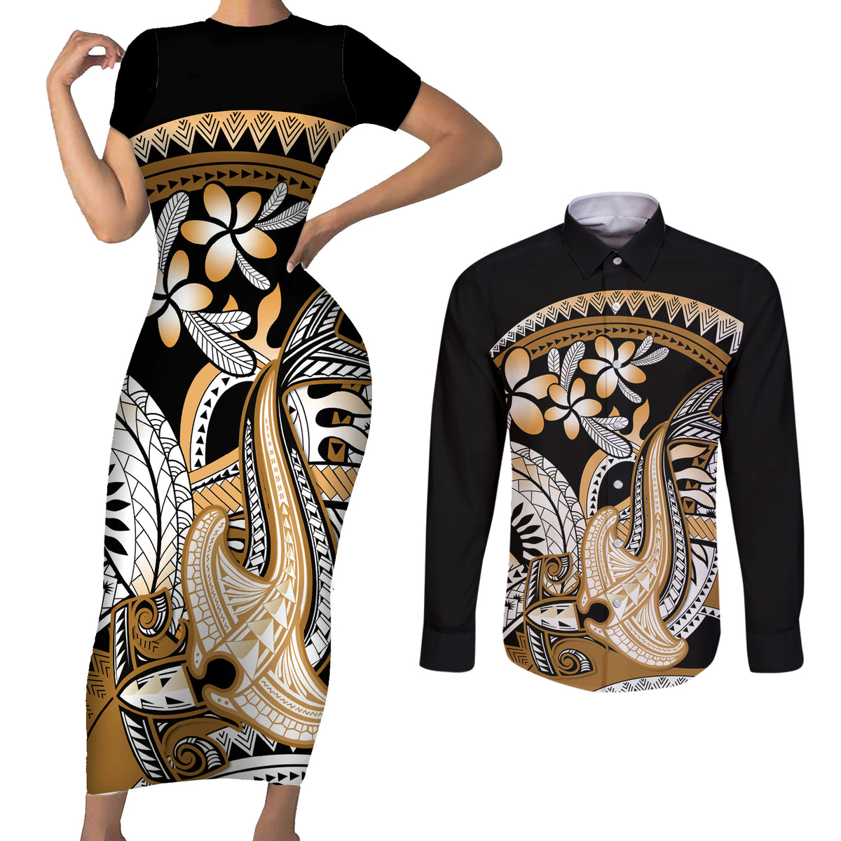 Gold Polynesian Hammerhead Shark Tattoo Couples Matching Short Sleeve Bodycon Dress and Long Sleeve Button Shirt Royal Plumeria Gradient Vibes LT14 Gold - Polynesian Pride