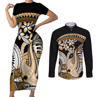 Gold Polynesian Hammerhead Shark Tattoo Couples Matching Short Sleeve Bodycon Dress and Long Sleeve Button Shirt Royal Plumeria Gradient Vibes LT14 Gold - Polynesian Pride