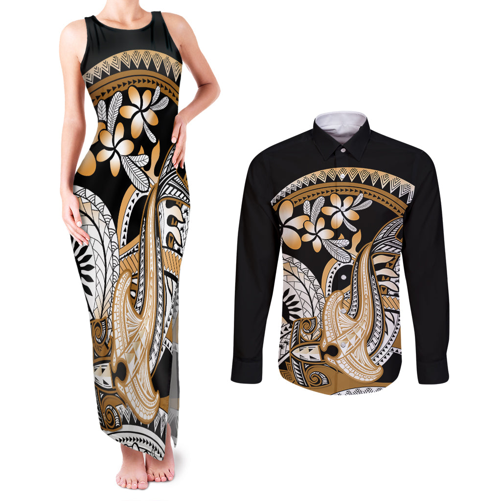 Gold Polynesian Hammerhead Shark Tattoo Couples Matching Tank Maxi Dress and Long Sleeve Button Shirt Royal Plumeria Gradient Vibes LT14 Gold - Polynesian Pride