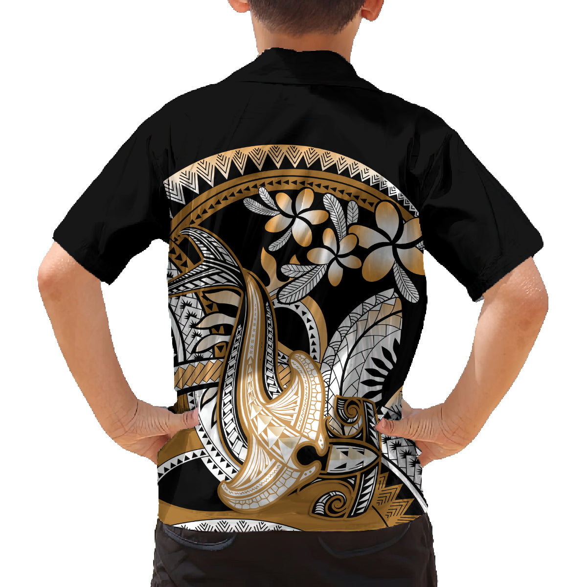 Gold Polynesian Hammerhead Shark Tattoo Family Matching Off Shoulder Long Sleeve Dress and Hawaiian Shirt Royal Plumeria Gradient Vibes LT14 - Polynesian Pride