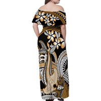 Gold Polynesian Hammerhead Shark Tattoo Family Matching Off Shoulder Maxi Dress and Hawaiian Shirt Royal Plumeria Gradient Vibes LT14 - Polynesian Pride