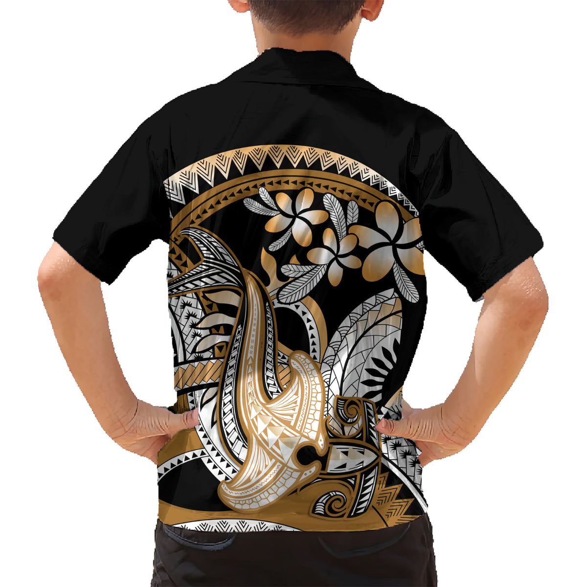 Gold Polynesian Hammerhead Shark Tattoo Kid Hawaiian Shirt Royal Plumeria Gradient Vibes LT14 - Polynesian Pride