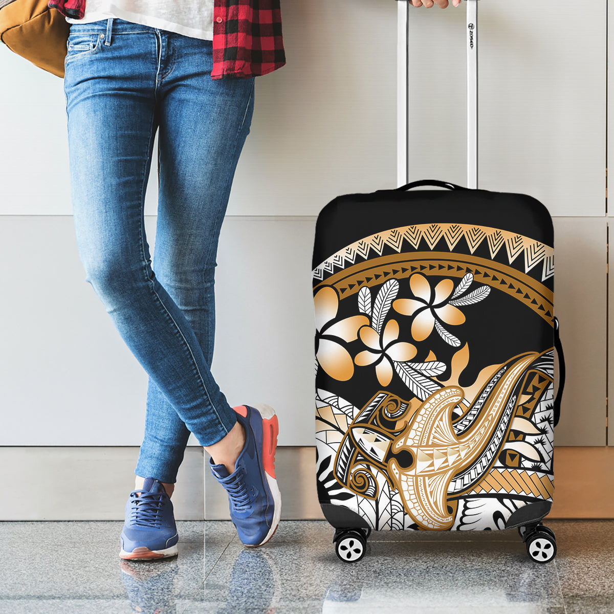 Gold Polynesian Hammerhead Shark Tattoo Luggage Cover Royal Plumeria Gradient Vibes LT14 - Polynesian Pride