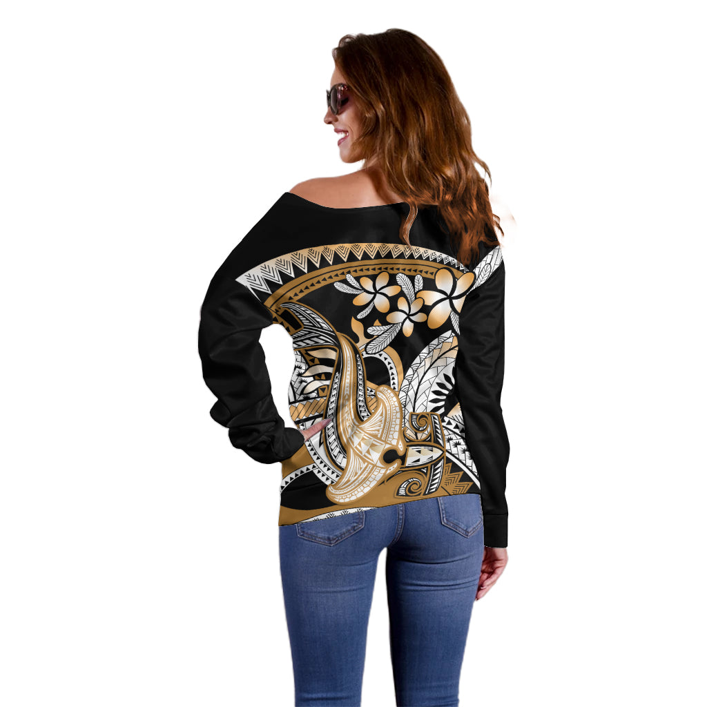 Gold Polynesian Hammerhead Shark Tattoo Off Shoulder Sweater Royal Plumeria Gradient Vibes LT14 - Polynesian Pride