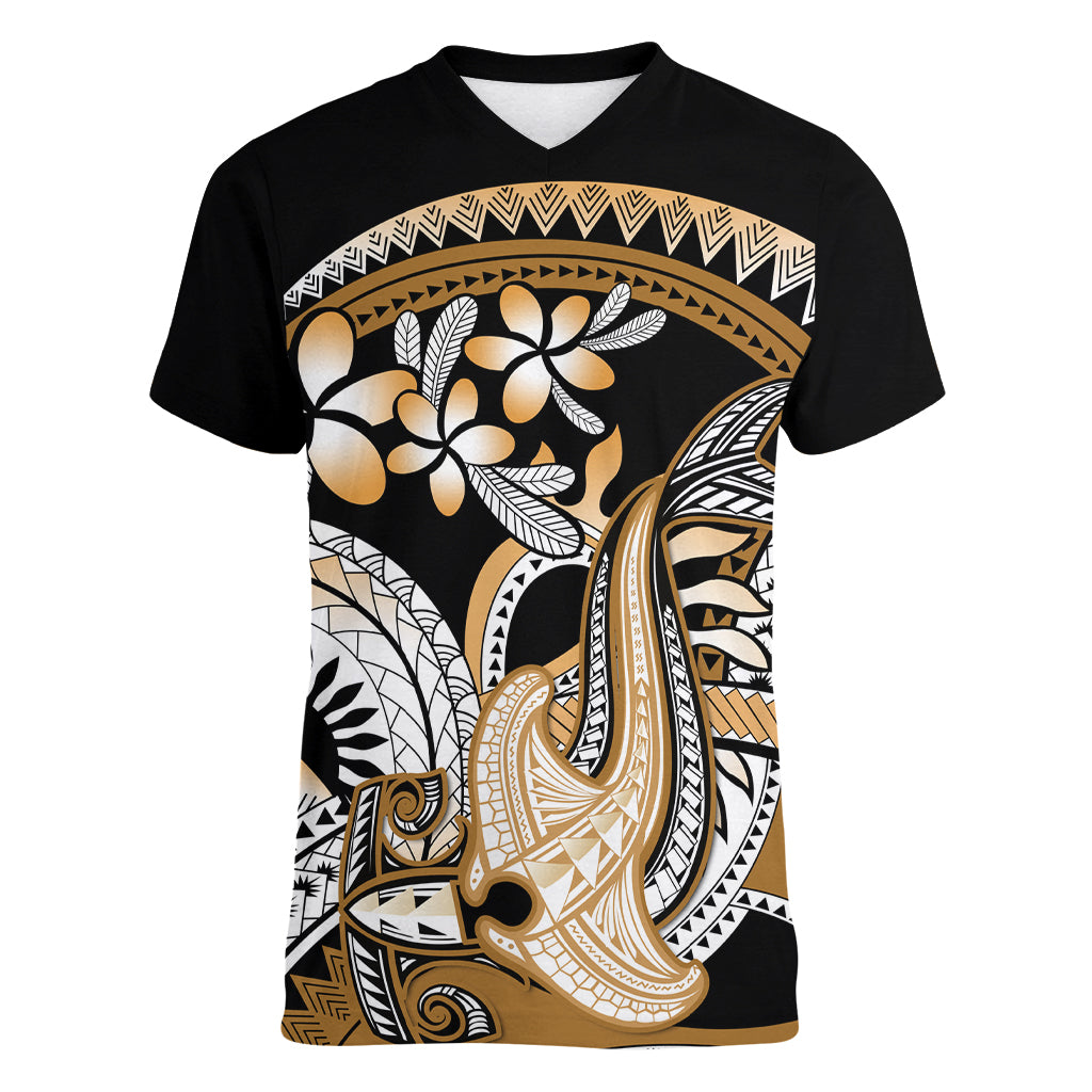 Gold Polynesian Hammerhead Shark Tattoo Women V Neck T Shirt Royal Plumeria Gradient Vibes LT14 Female Gold - Polynesian Pride