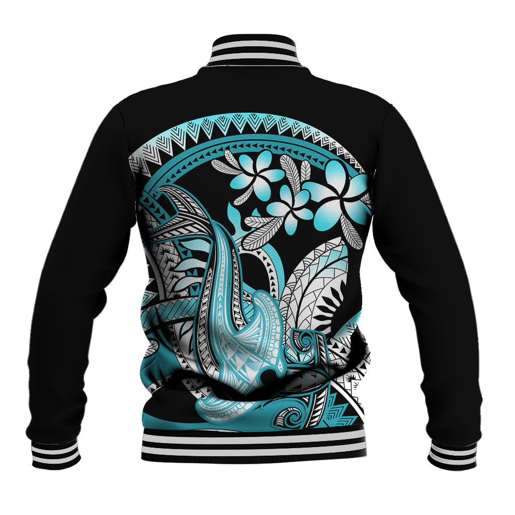 Turquoise Polynesian Hammerhead Shark Tattoo Baseball Jacket Royal Plumeria Gradient Vibes LT14 - Polynesian Pride