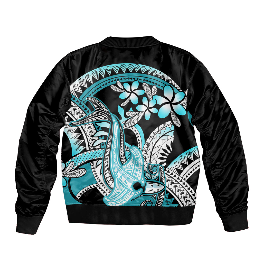 Turquoise Polynesian Hammerhead Shark Tattoo Bomber Jacket Royal Plumeria Gradient Vibes LT14 - Polynesian Pride