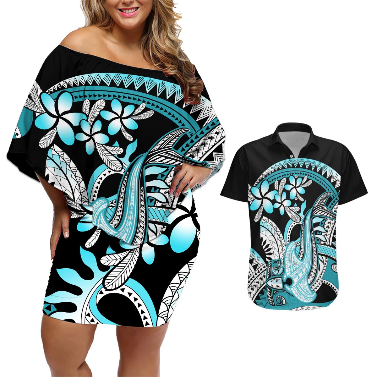 Turquoise Polynesian Hammerhead Shark Tattoo Couples Matching Off Shoulder Short Dress and Hawaiian Shirt Royal Plumeria Gradient Vibes LT14 Turquoise - Polynesian Pride