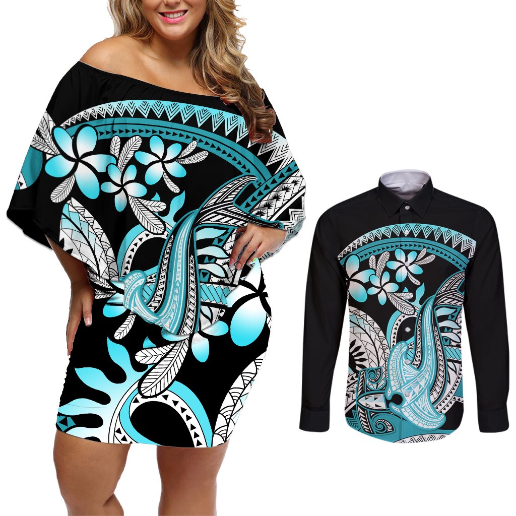 Turquoise Polynesian Hammerhead Shark Tattoo Couples Matching Off Shoulder Short Dress and Long Sleeve Button Shirt Royal Plumeria Gradient Vibes LT14 Turquoise - Polynesian Pride