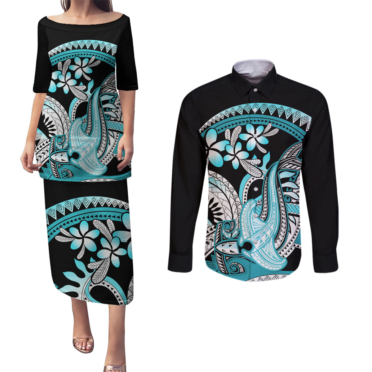 Turquoise Polynesian Hammerhead Shark Tattoo Couples Matching Puletasi and Long Sleeve Button Shirt Royal Plumeria Gradient Vibes LT14 Turquoise - Polynesian Pride