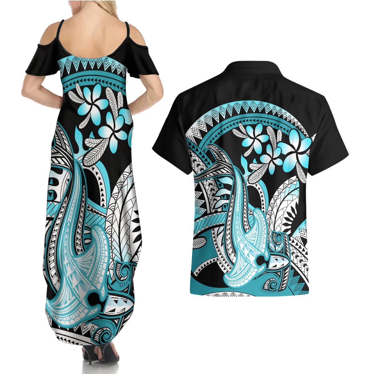 Turquoise Polynesian Hammerhead Shark Tattoo Couples Matching Summer Maxi Dress and Hawaiian Shirt Royal Plumeria Gradient Vibes LT14 - Polynesian Pride