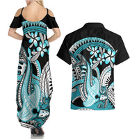 Turquoise Polynesian Hammerhead Shark Tattoo Couples Matching Summer Maxi Dress and Hawaiian Shirt Royal Plumeria Gradient Vibes LT14 - Polynesian Pride