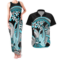 Turquoise Polynesian Hammerhead Shark Tattoo Couples Matching Tank Maxi Dress and Hawaiian Shirt Royal Plumeria Gradient Vibes LT14 Turquoise - Polynesian Pride