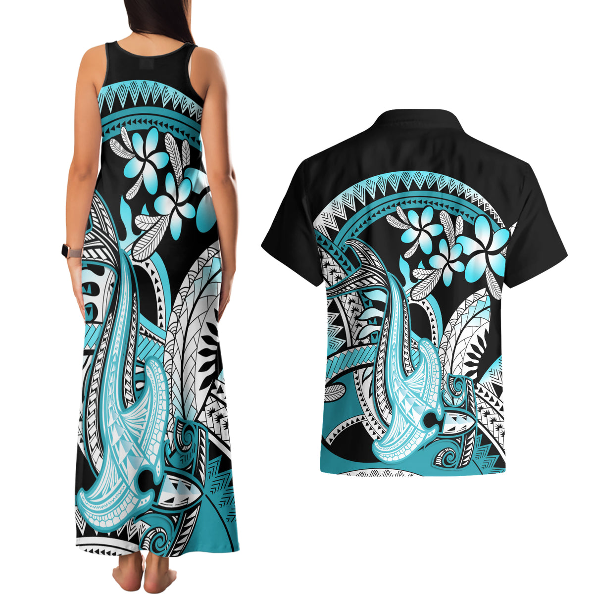 Turquoise Polynesian Hammerhead Shark Tattoo Couples Matching Tank Maxi Dress and Hawaiian Shirt Royal Plumeria Gradient Vibes LT14 - Polynesian Pride