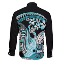 Turquoise Polynesian Hammerhead Shark Tattoo Family Matching Off Shoulder Short Dress and Hawaiian Shirt Royal Plumeria Gradient Vibes LT14 - Polynesian Pride