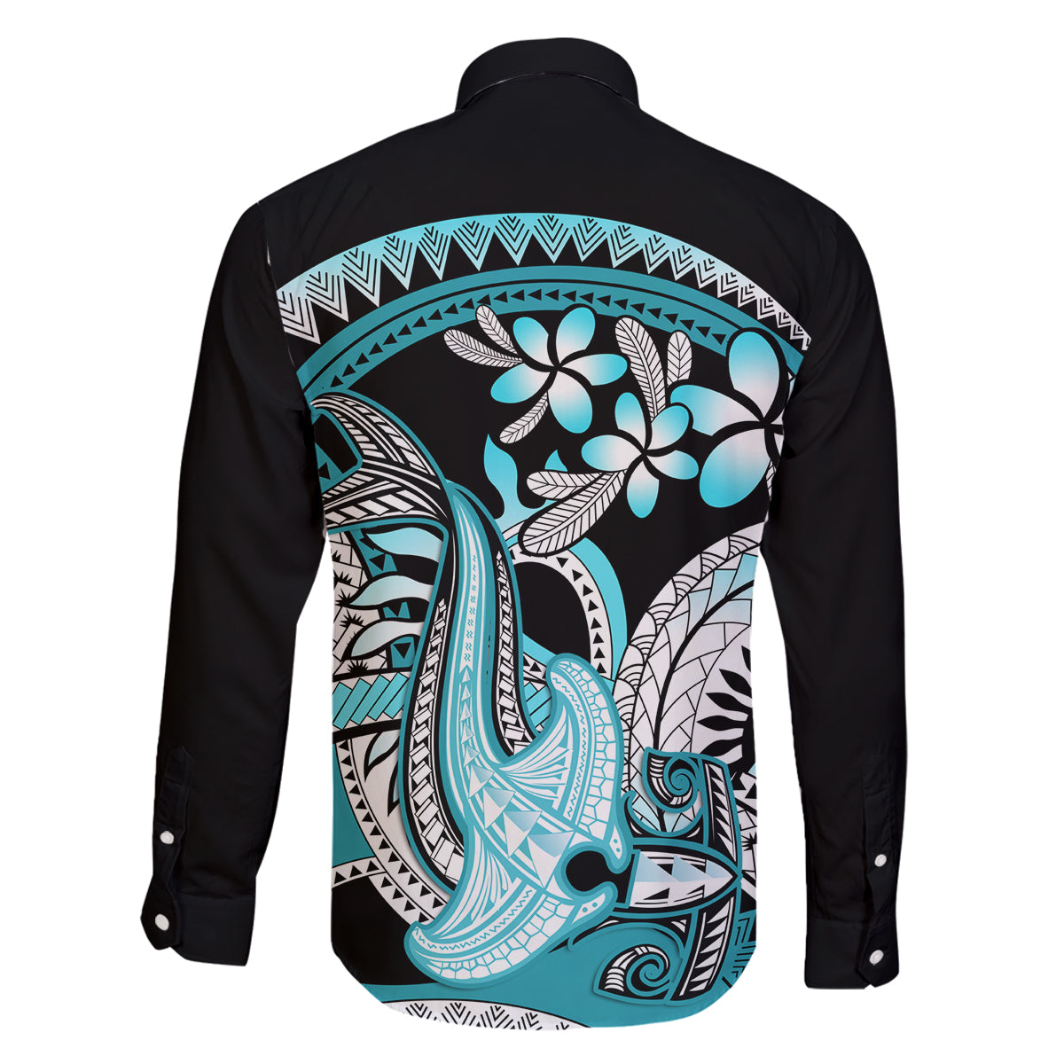 Turquoise Polynesian Hammerhead Shark Tattoo Family Matching Summer Maxi Dress and Hawaiian Shirt Royal Plumeria Gradient Vibes LT14 - Polynesian Pride