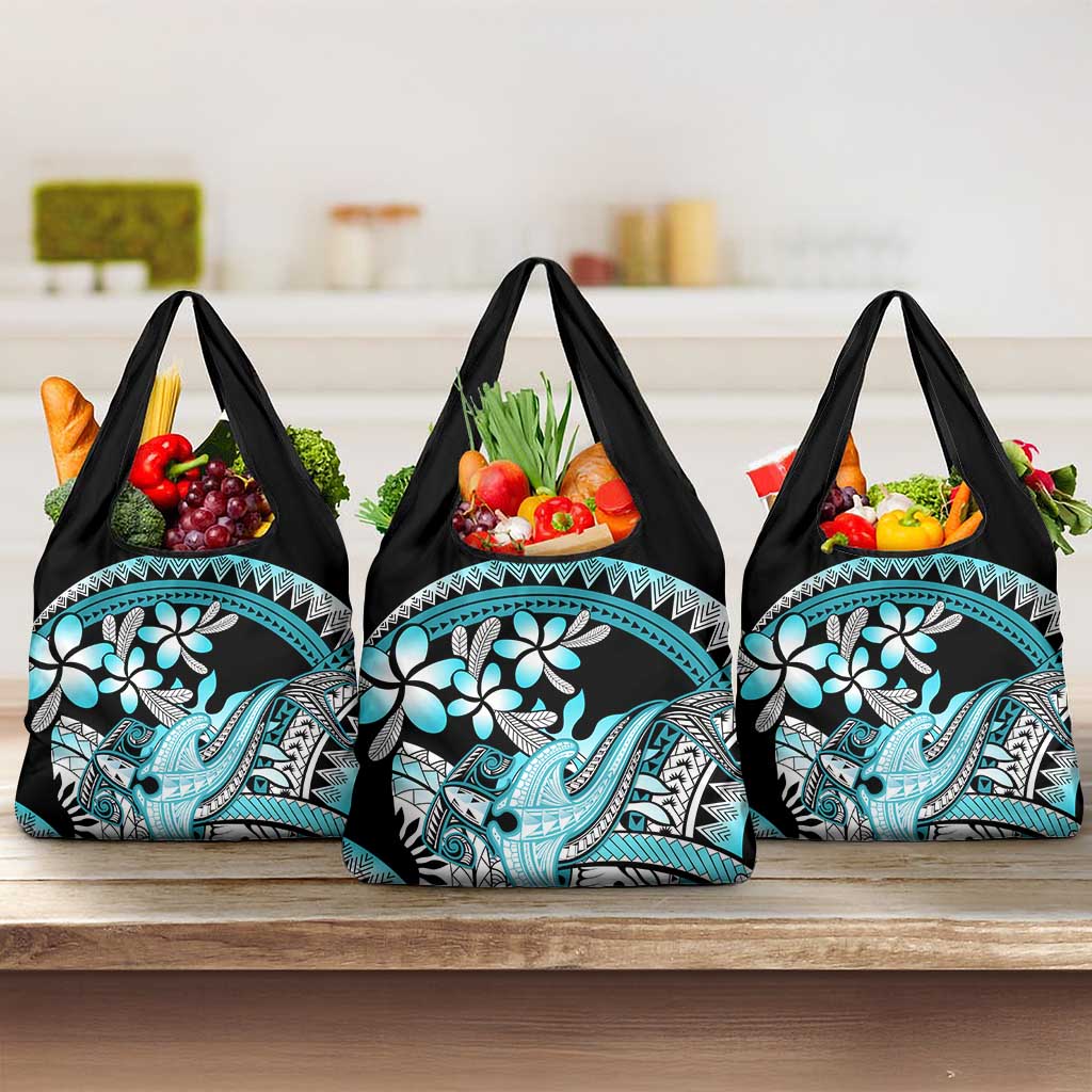 Turquoise Polynesian Hammerhead Shark Tattoo Grocery Bag Royal Plumeria Gradient Vibes
